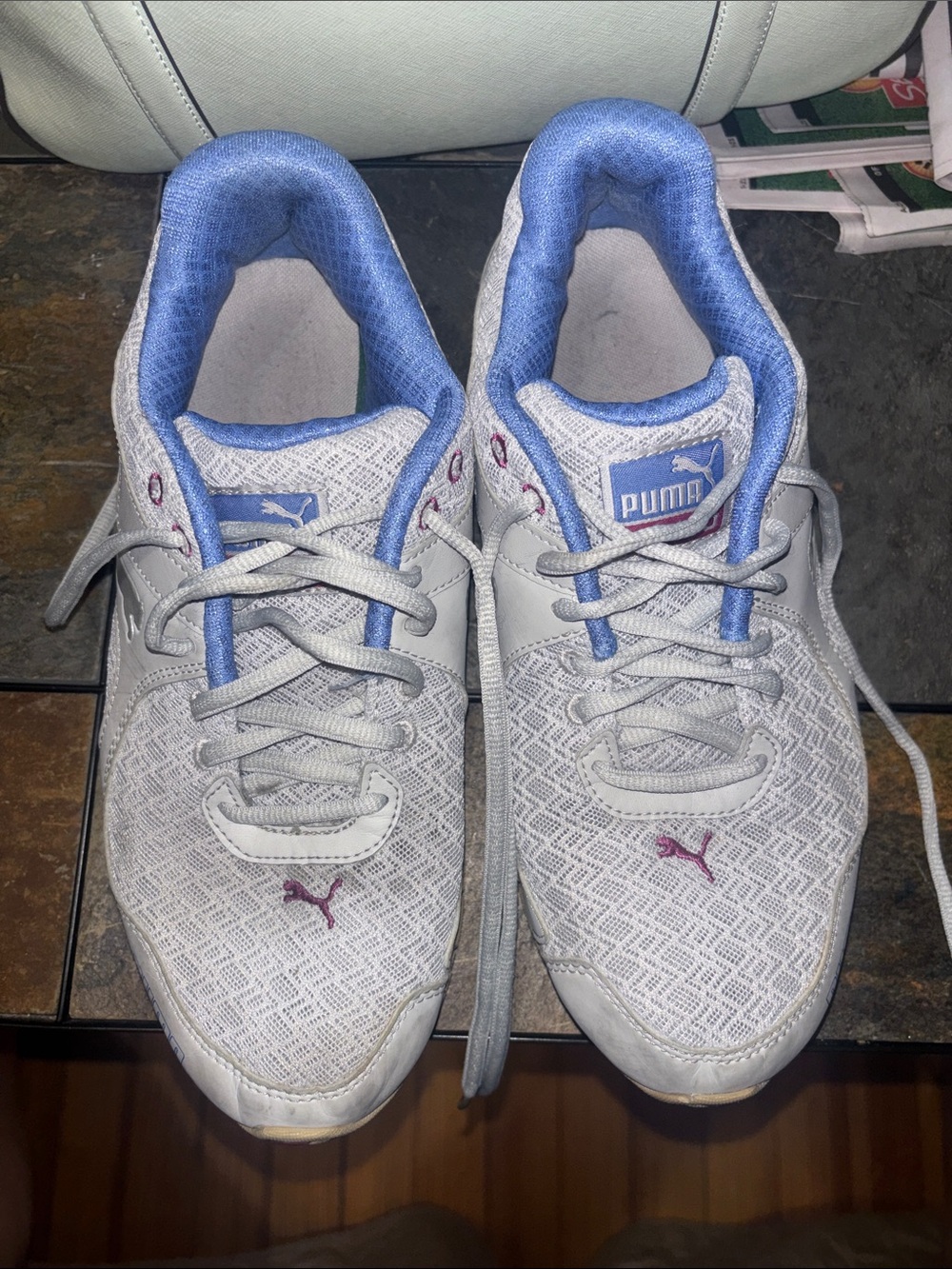 Puma Women's White Athletic Sneakers with Blue Liner and Pink Accents - Picture 4 of 8